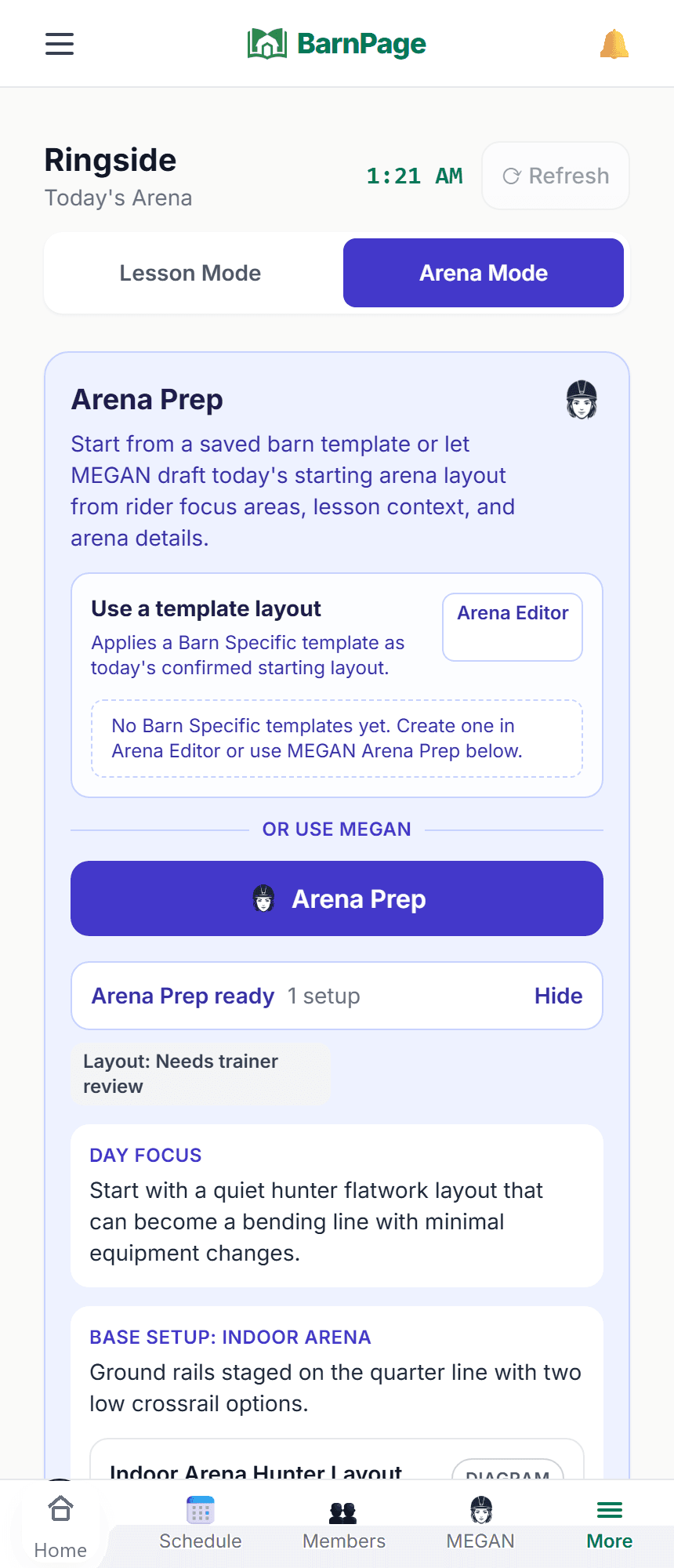 BarnPage Arena Prep screen showing an arena layout and setup plan.