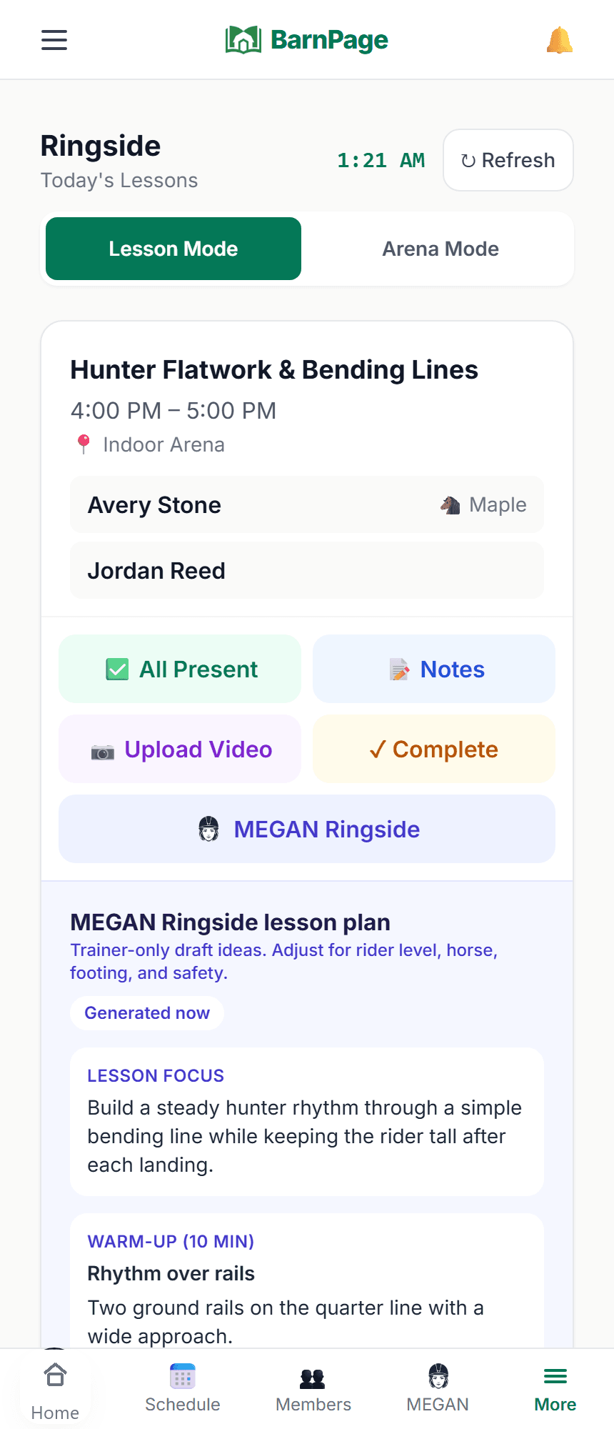 BarnPage Ringside screen showing lesson planning and rider context.